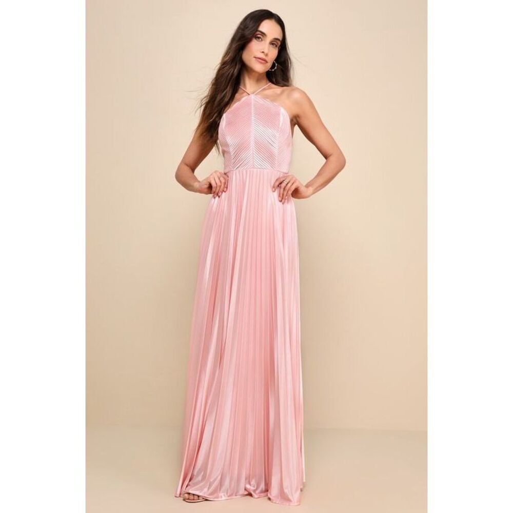 Lulus Elaborate Charm Light Pink Satin Pleated Backless Maxi Dress